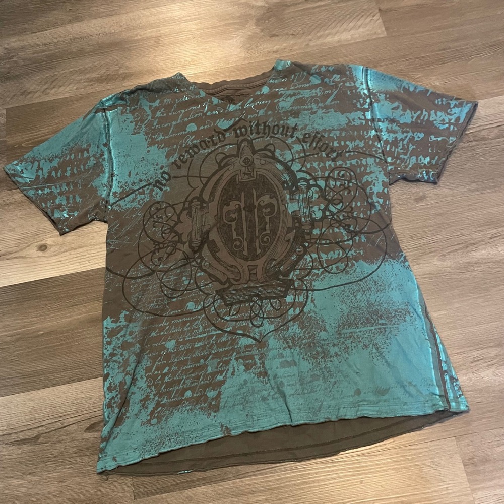 Xtreme Couture Affliction Mens Brown Teal Script Graphic V-Neck T-Shirt Large